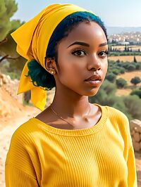 A Nigerian girl with teal hair stands in the outdoor setting of Gethsemane Israel