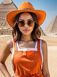 A petite Caribbean girl with hazel eyes and perky butt sweats in Egypt's Pyramids at noon