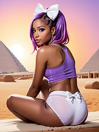 A stunning rainbow haired woman poses seductively under Egyptian Sphinx's dark pre dawn glow
