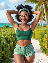 Black woman with enchanting features enjoys the early morning at Emara Estate in Turks and Caicos
